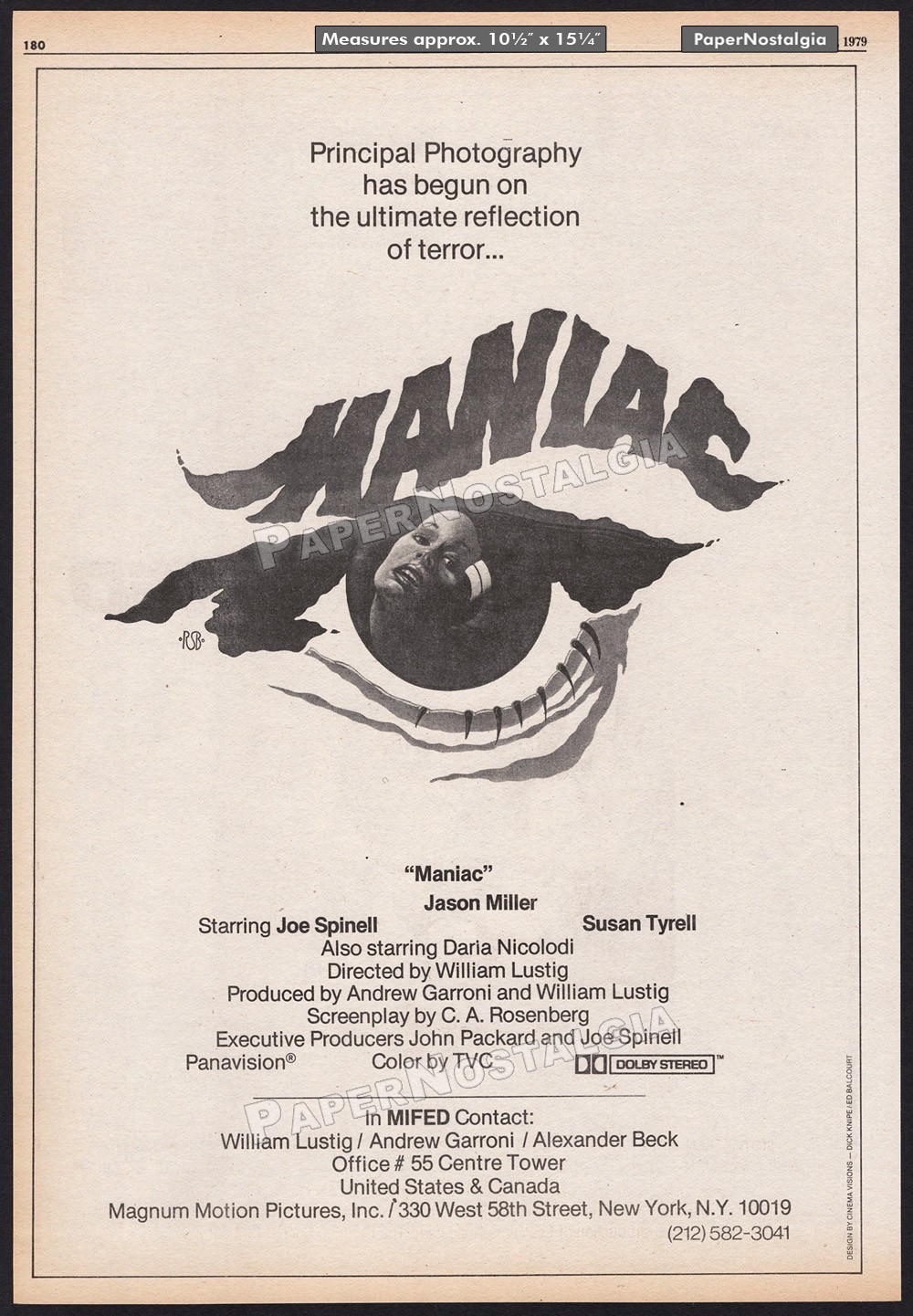 MANIAC – Original 1979 Trade AD / poster – Joe Spinell – William Lustig – 1980