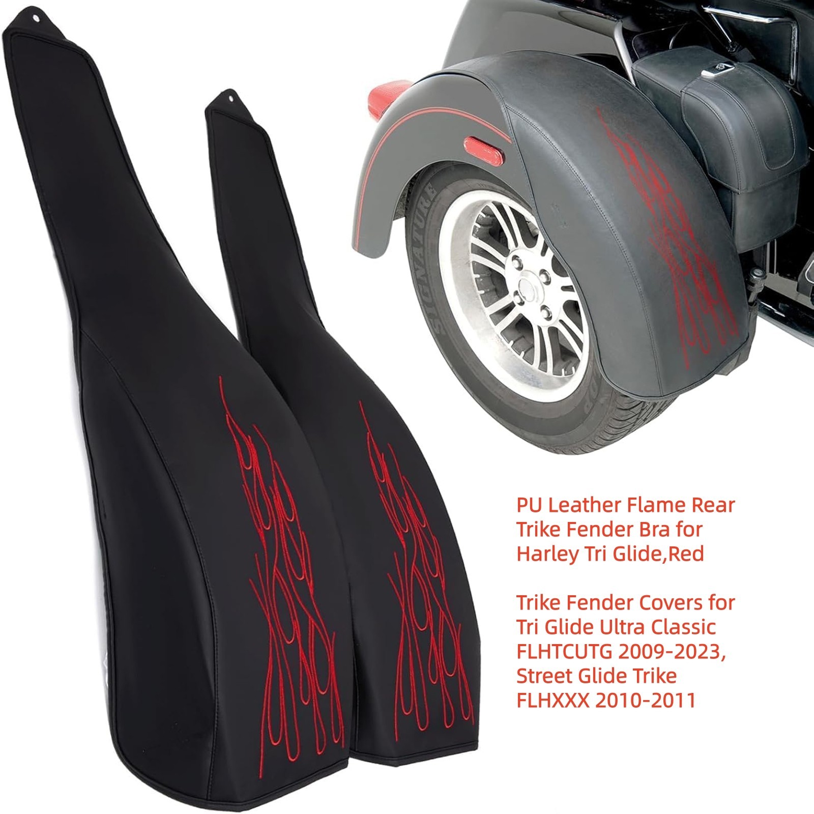 PU Leather Flame Rear Trike Fender Bra for Harley Tri Glide Ultra Classic, Red