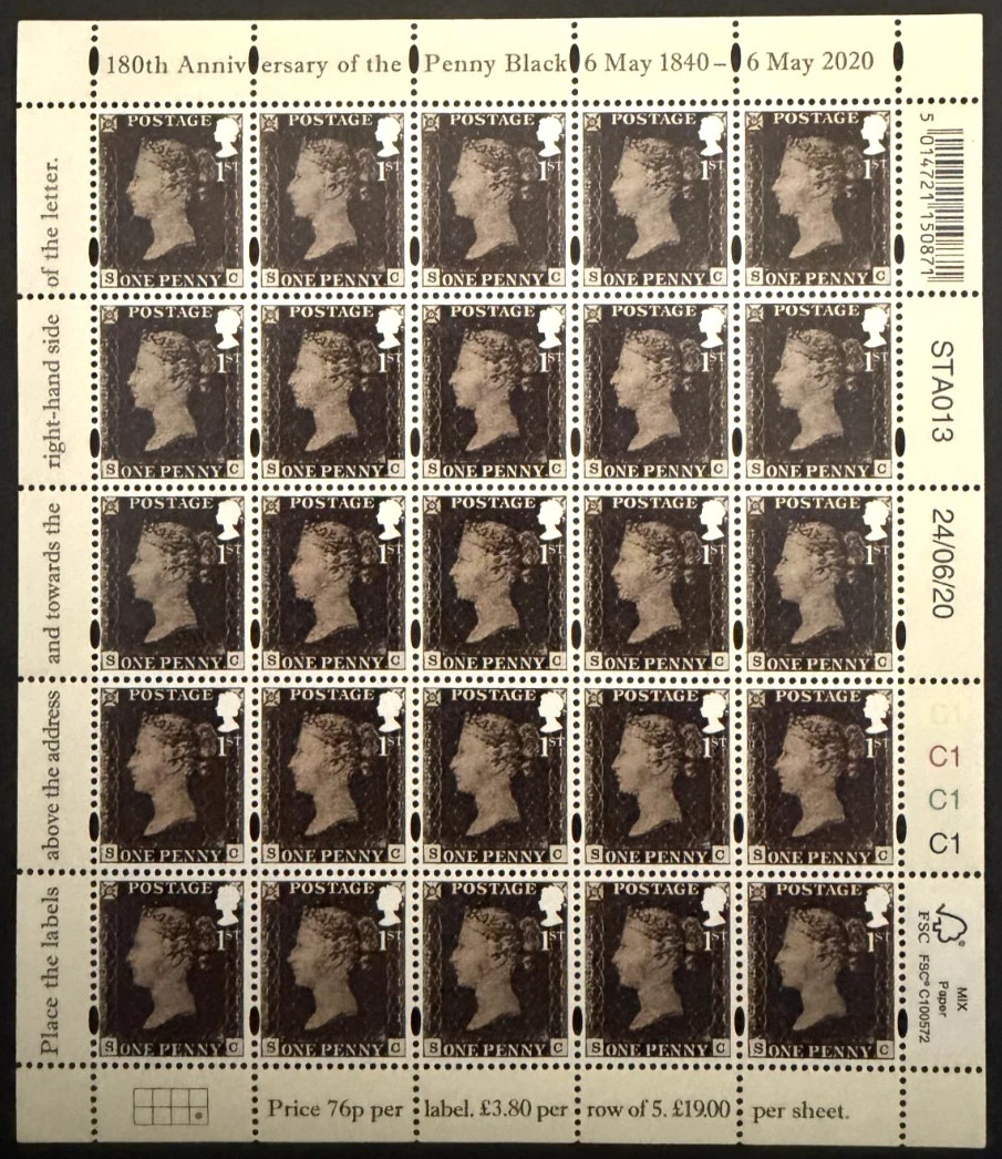 GB 2020~180th Penny Black Anniversary Stamp ~ Miniature Sheet~MS4355~MNH~ UK GB 2020~180th Penny Black Anniversary Stamp ~ Miniature Sheet~MS4355~MNH~ UK