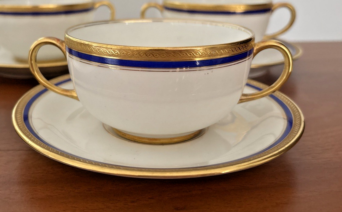 Limoges Vignaud France SEVILLE COBALT /GOLD CREAM SOUP CUP BOWLS & SAUCERS Set 5