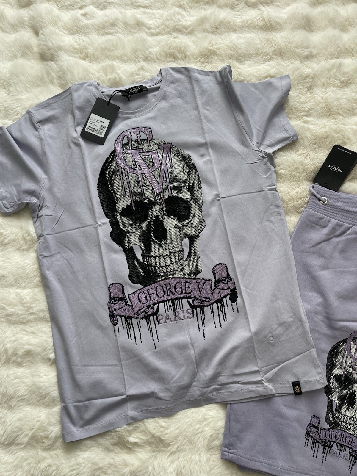 Avenue George V Paris Short Set Men\'s Purple 2 piece set Rhinestone Skull 3XL
