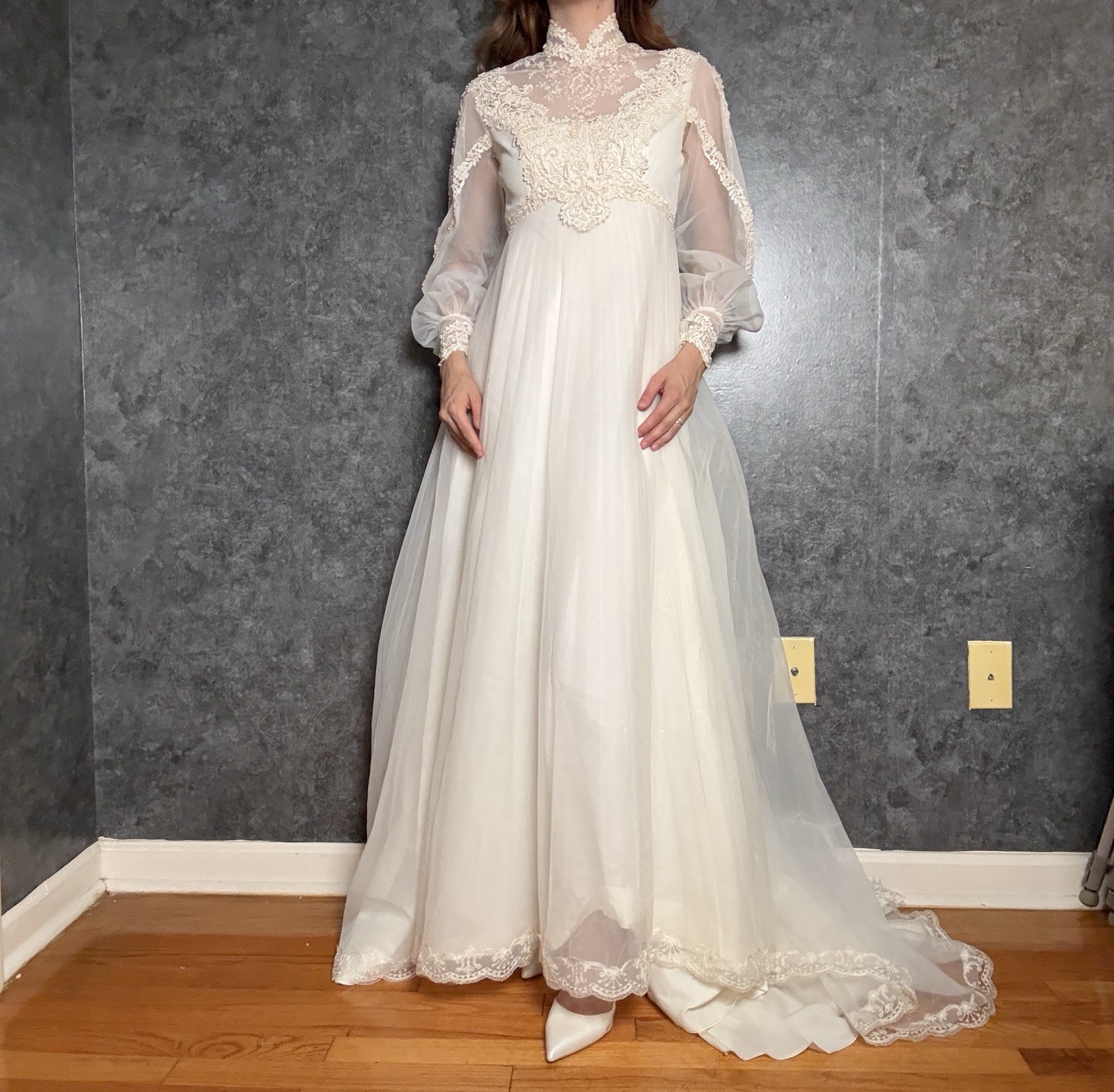 Vintage 1970s Empire Waist Lace Wedding Gown — Bishop Sleeves - Size 0/2