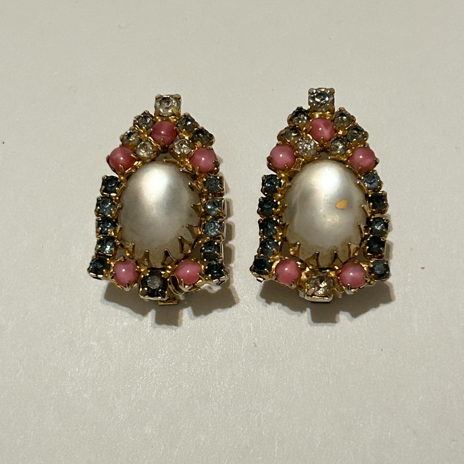 Vintage Signed HOBE Clip On Earrings Pink Blue Glass Rhinestones Lucite