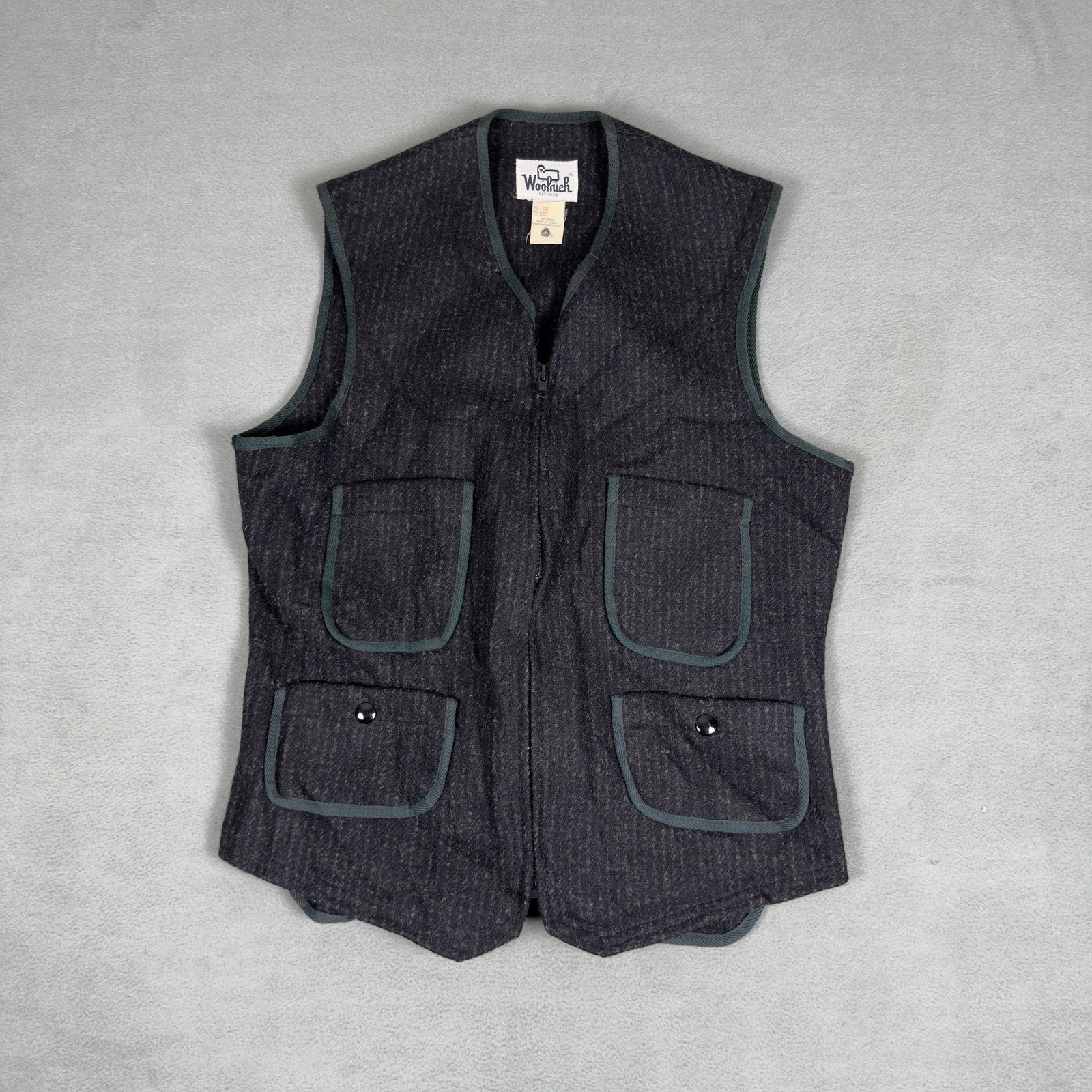 Vintage 70s Woolrich Wool Blend Zip Up Vest Mens 38 Gray Cinch Back Made in USA