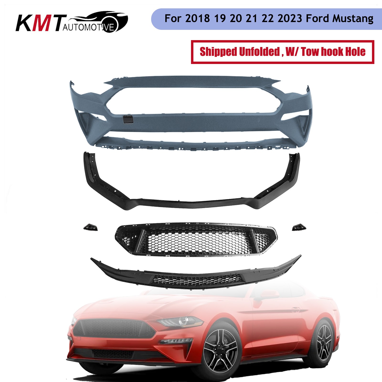 For 2018-2023 Ford Mustang GT Style Front Bumper Cover with Grille & Lip Set