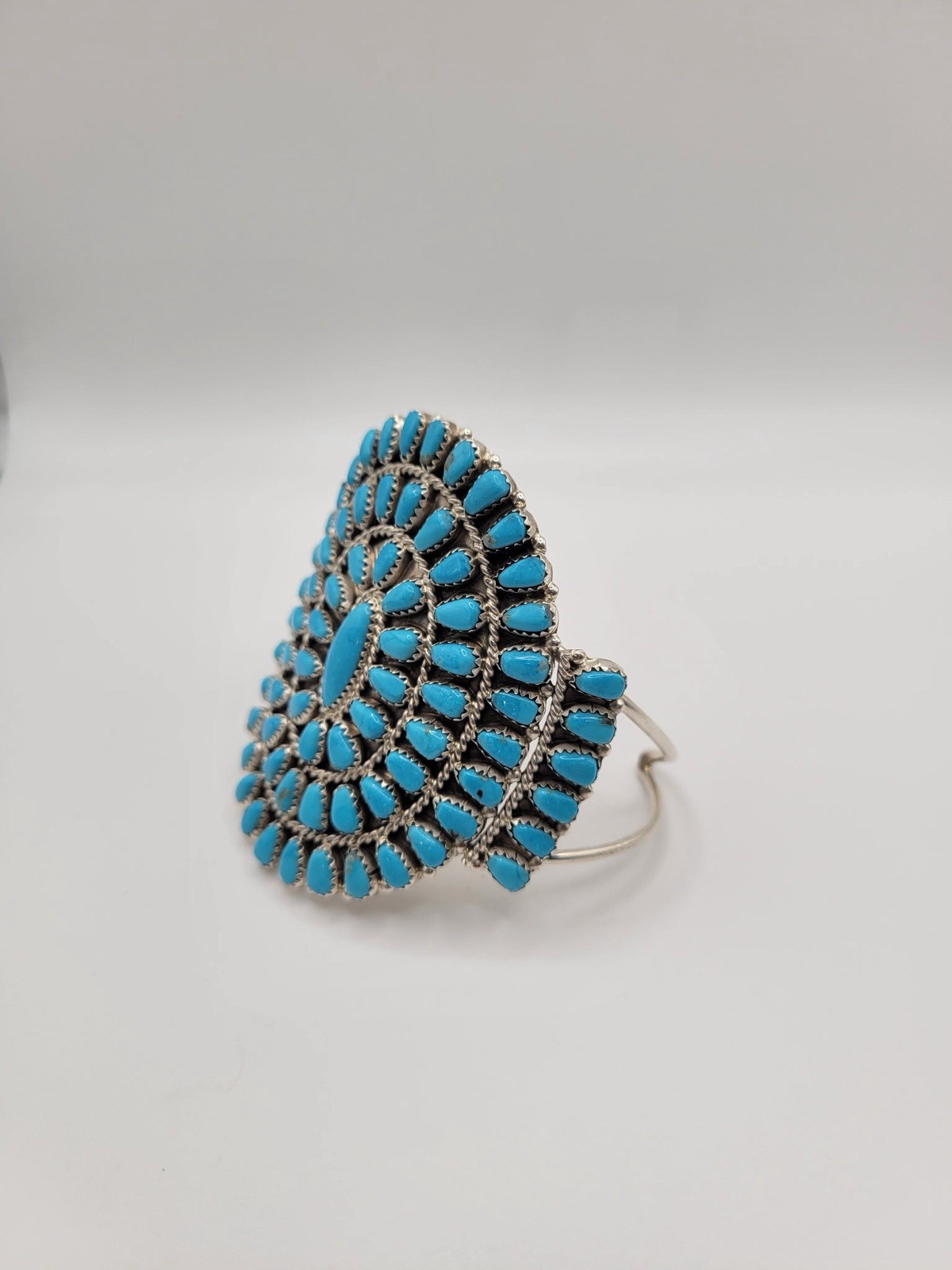 Sterling, Silver Turquoise Cluster Bracelet, Large, Stamp Handmade Navajo Artist