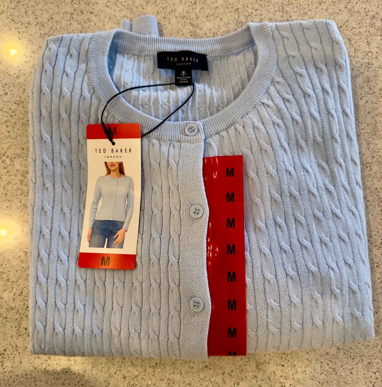 Ted Baker 100% Cotton Cable Knit Cardigan Women's  NWT- LIGHT BLUE