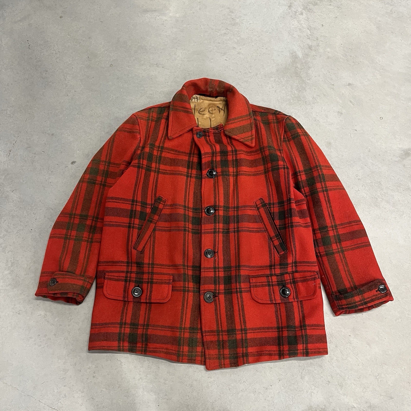 Vintage 40s 50s Chippewa Woolen Mills Plaid Wool Hunting Coat Rear Game Pouch XL