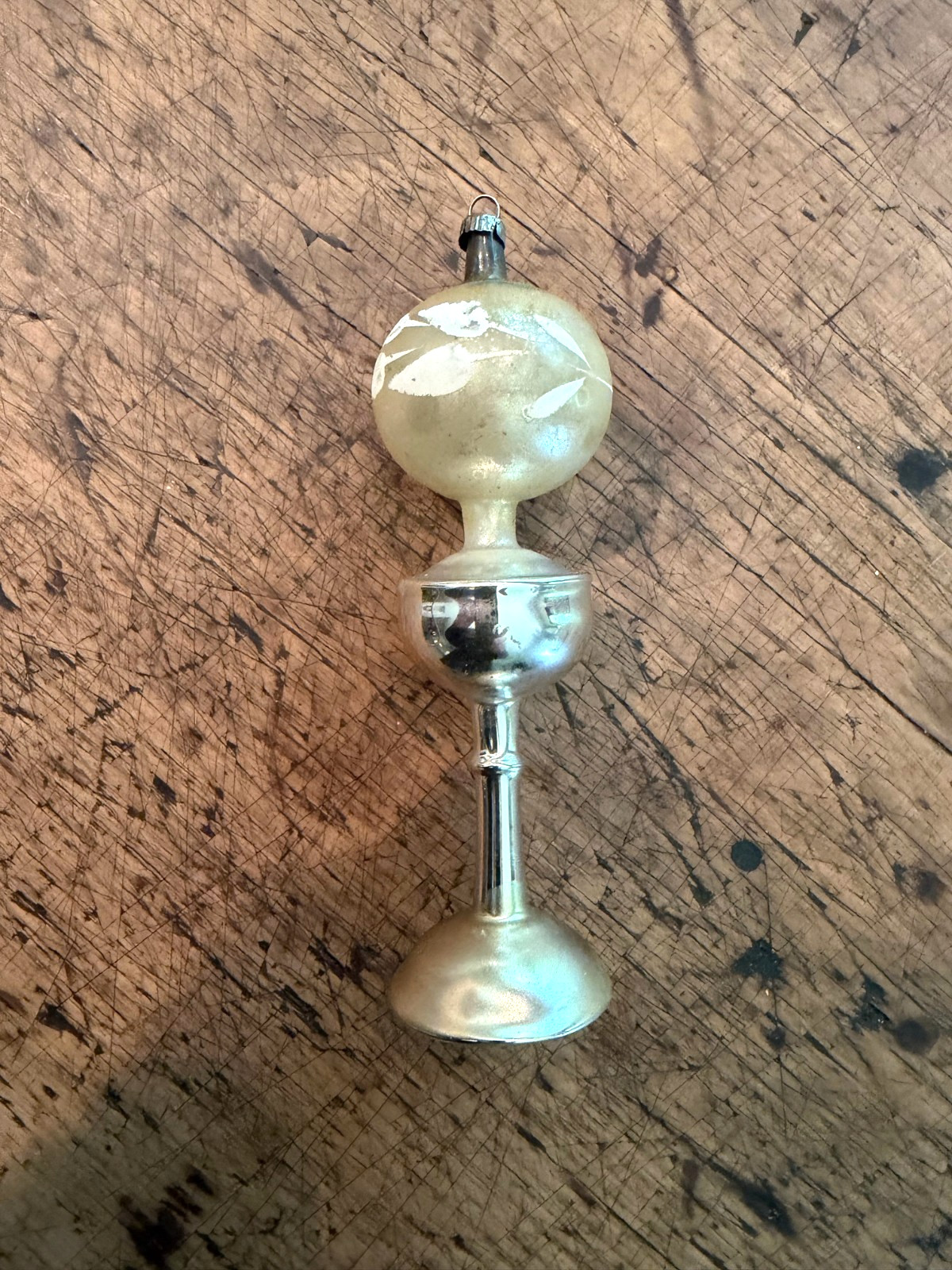 Antique circa 1930 German Christmas Ornament Flowered Glass Globe on a Pedestal