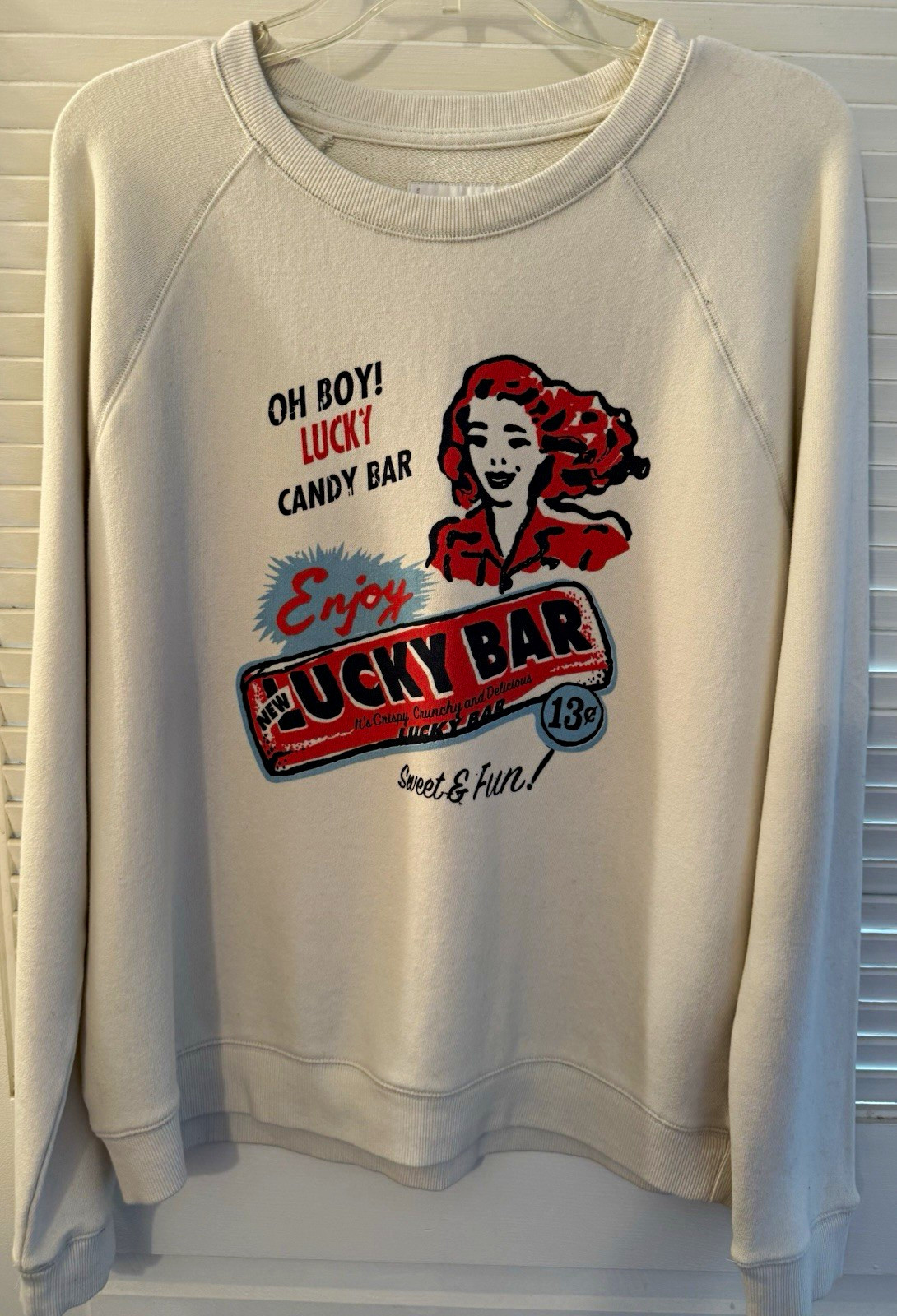 Lucky Brand retro look Women Beige Graphic Crewneck Raglan Cotton Knit L