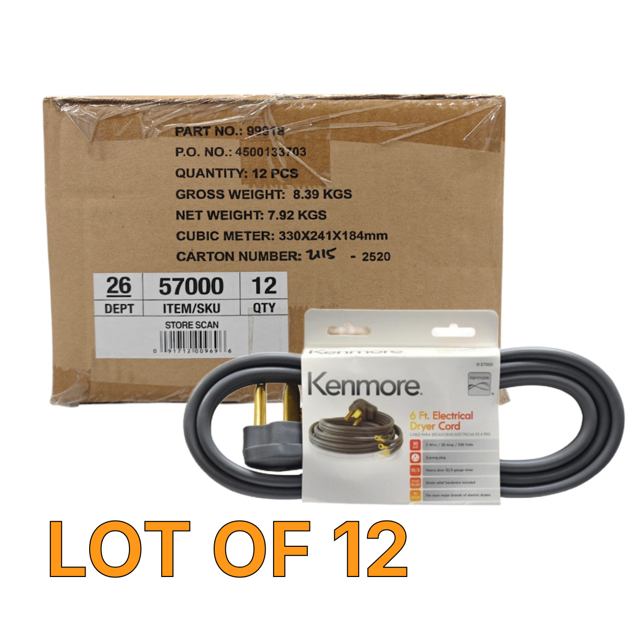 Lot of 12 Kenmore 6 FT. Electrical Dryer Cord 3 Wire 30A 250V 3 Prong Gray 57000