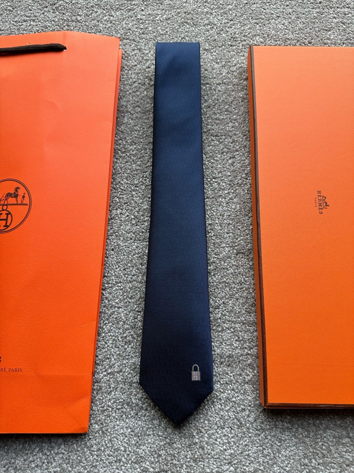Hermès Paris Navy Blue Micro H Jacquard Silk Tie Kelly Lock Cadenas Padlock