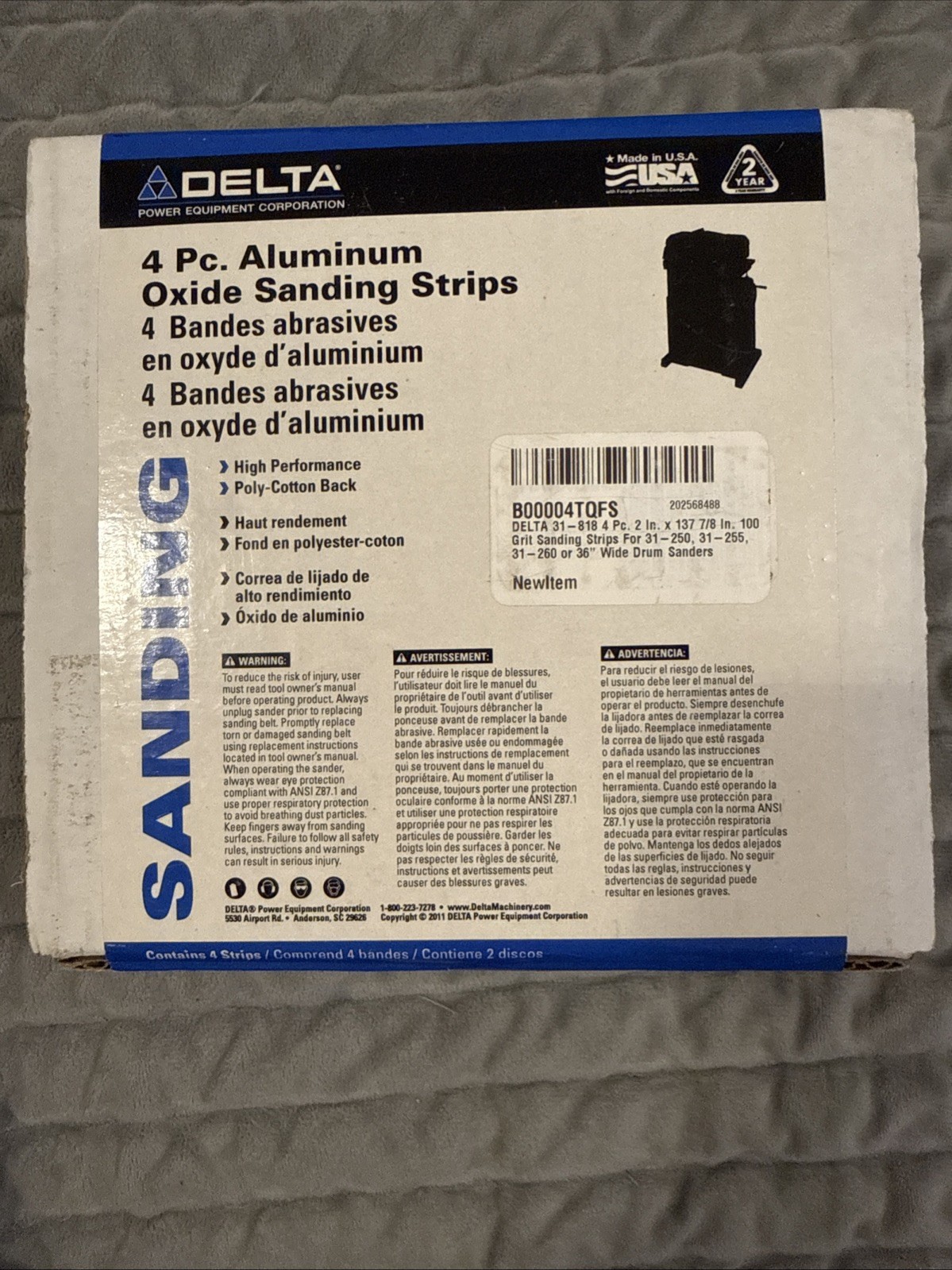 Delta 31-485 4 Pack 36 Inch Assorted Grit Aluminum Oxide Sanding Strips New Delta 31-485 4 Pack 36 Inch Assorted Grit Aluminum Oxide Sanding Strips New