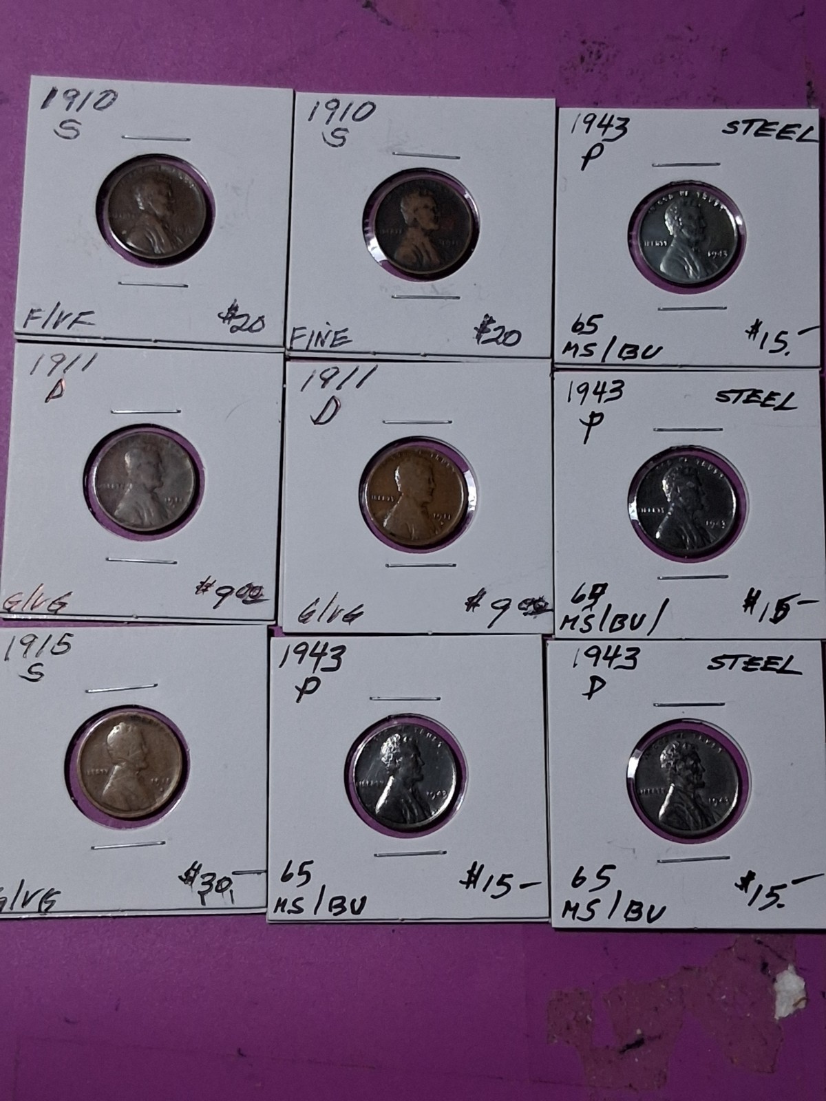 1910-1943 LINCOLN CENT LOT OF 9 AS PHOTOGRAPHED. 1910-1943 LINCOLN CENT LOT OF 9 AS PHOTOGRAPHED.