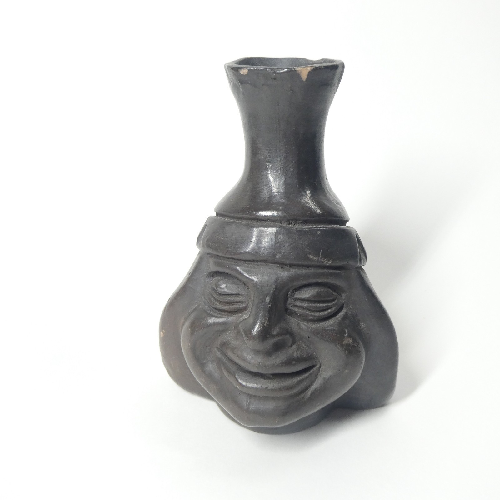 Black Pottery Face Vase Figural Vintage Mexican Oaxacan Clay Mexico Black Pottery Face Vase Figural Vintage Mexican Oaxacan Clay Mexico