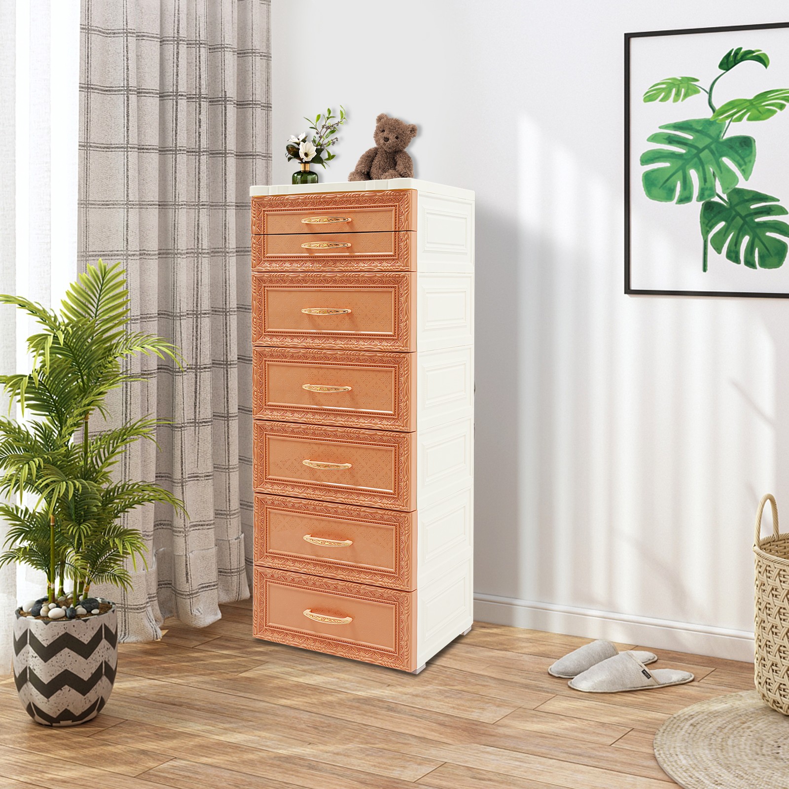6-Tier 7-Drawer Rolling Storage Cabinet Orange PP Mobile Organizer