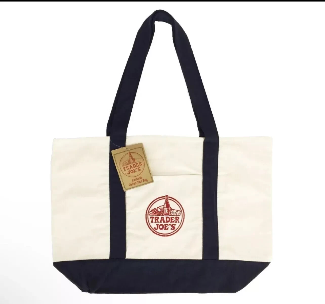 Trader Joe’s LARGE Reusable Heavy Canvas Shopping Bag, Off White & Navy Blue