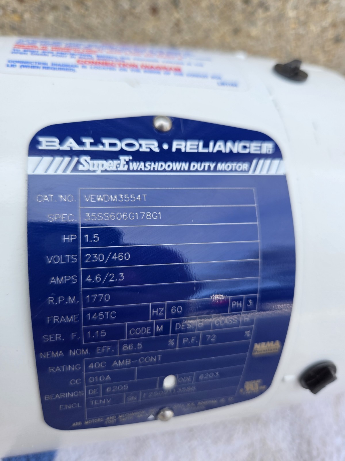 Baldor VEWDM3554T Washdown Duty Motor 1.5hp 1770rpm 145TC *Scratch Special*
