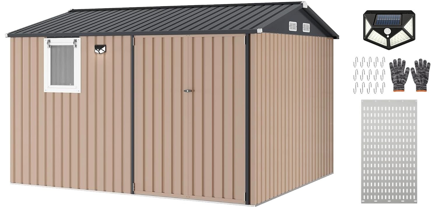 10x8 FT Outdoor Metal Storage Shed with Window,Lockable Door,Solar LED Light