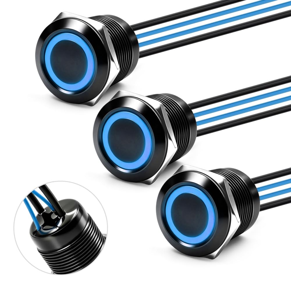 3Pcs 19mm Latching LED Push Button Switch IP67 20A 12V-24V Blue 3Pcs 19mm Latching LED Push Button Switch IP67 20A 12V-24V Blue