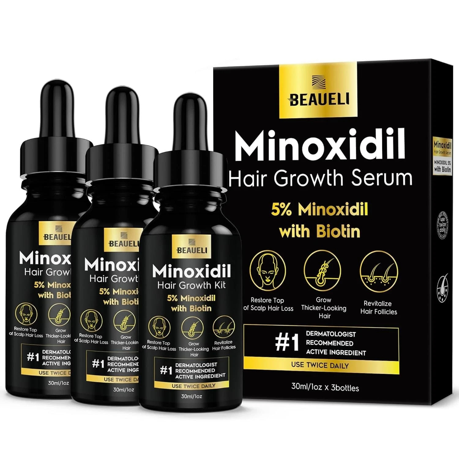 3 pk Beaueli 5% Minoxidil for Men Women, Hair Beard Growth, Regrowth, Unscented 3 pk Beaueli 5% Minoxidil for Men Women, Hair Beard Growth, Regrowth, Unscented