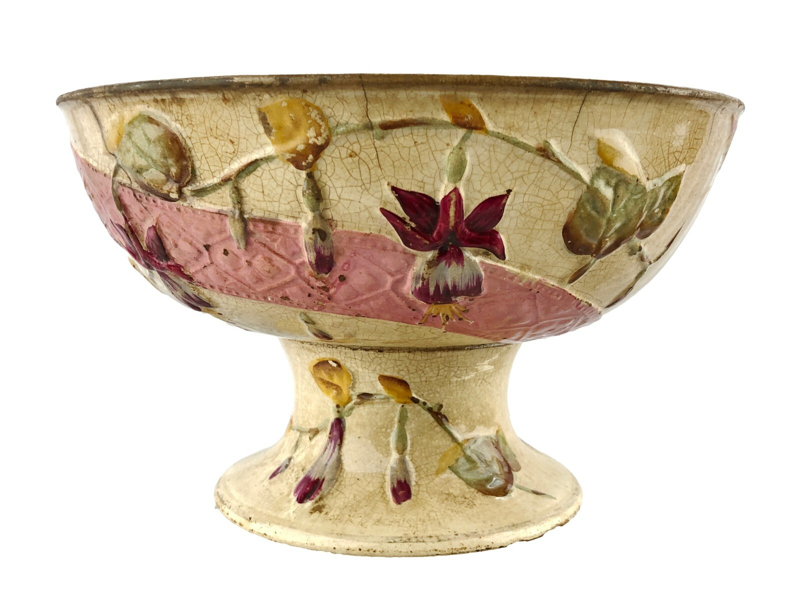 Antique Majolica Ribbon and Fuchsia Hanging Flowers Pedestal Bowl 1880\'s