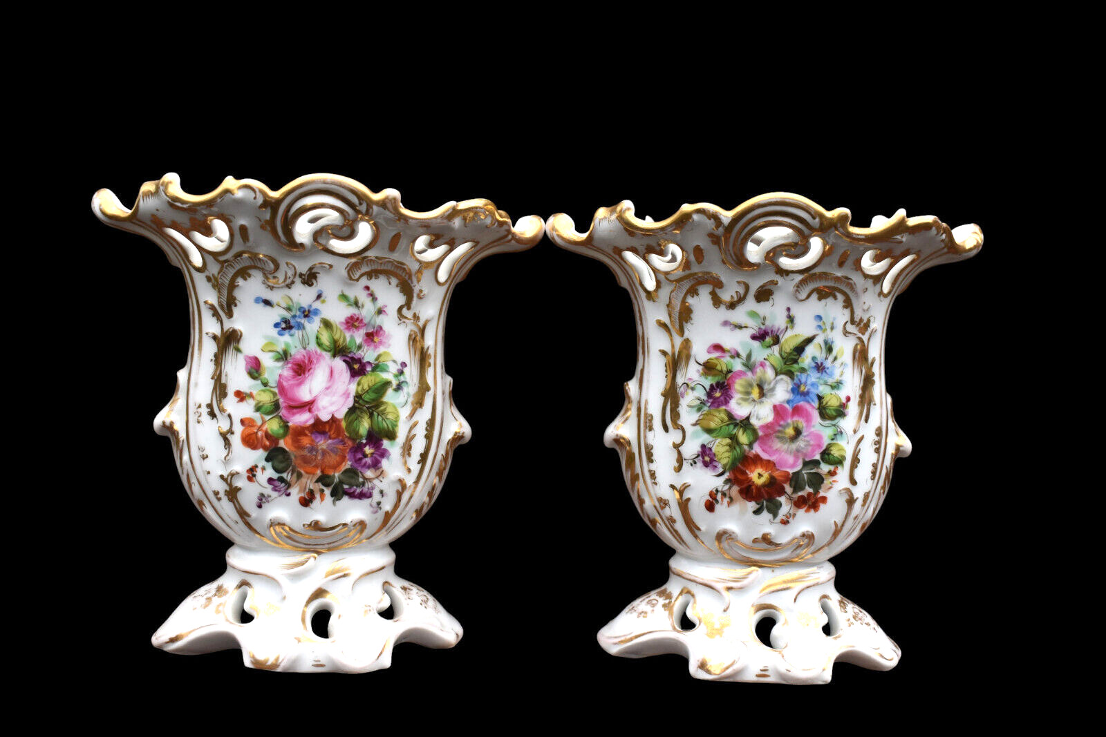 PAIR antique french vieux paris porcelain hand paint floral vases PAIR antique french vieux paris porcelain hand paint floral vases