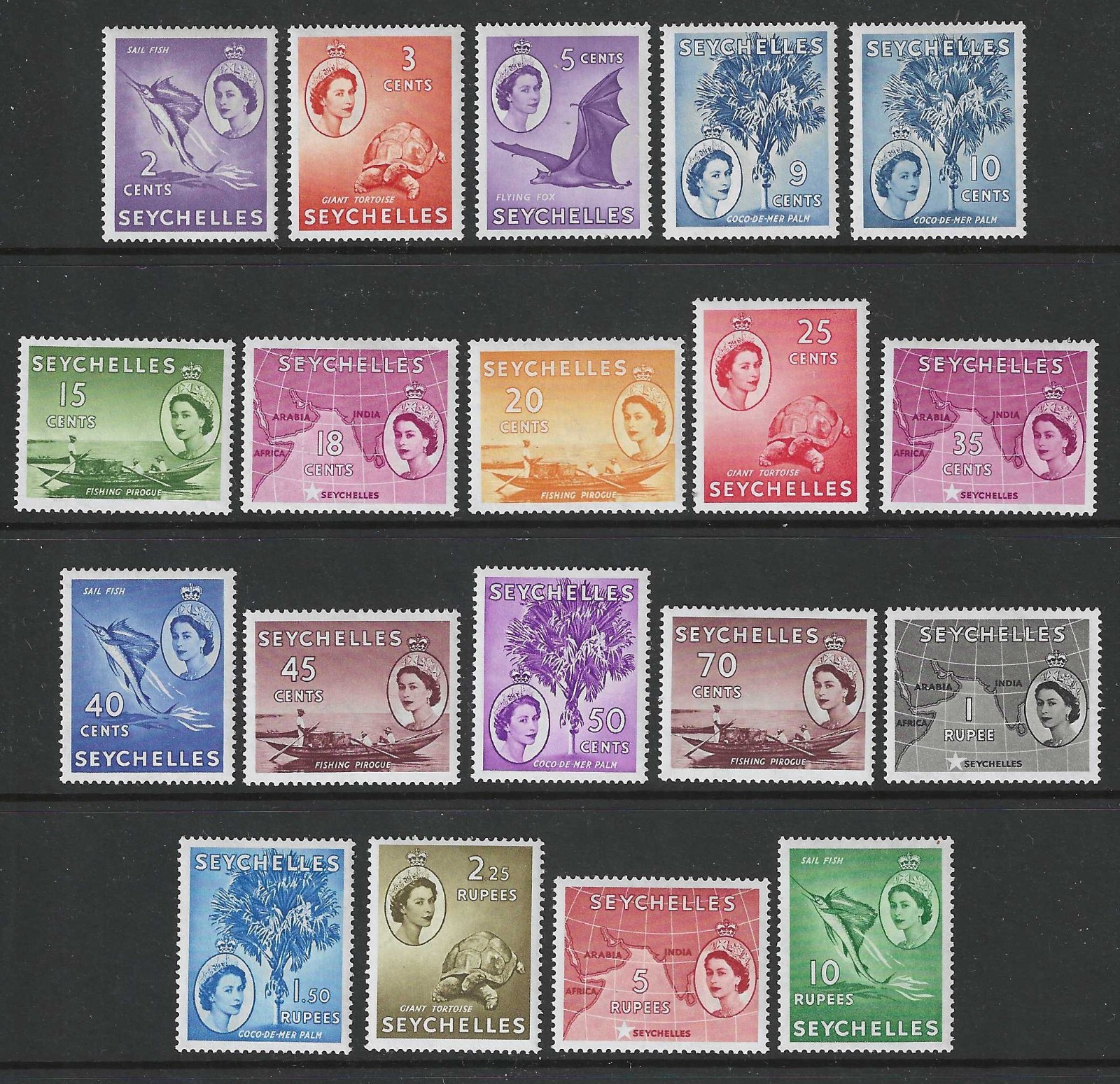 SEYCHELLES SG174/188 1954 QEII Definitives, Full set of 19, Mint UMM, c.£110 SEYCHELLES SG174/188 1954 QEII Definitives, Full set of 19, Mint UMM, c.£110