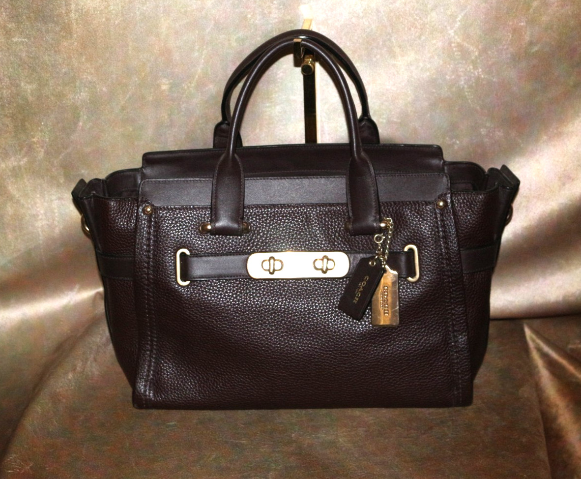 COACH SWAGGER 33 CARRYALL 34408 OXBLOOD PEBBLE LEATHER COLOR BLOCK W GOLD HDWR