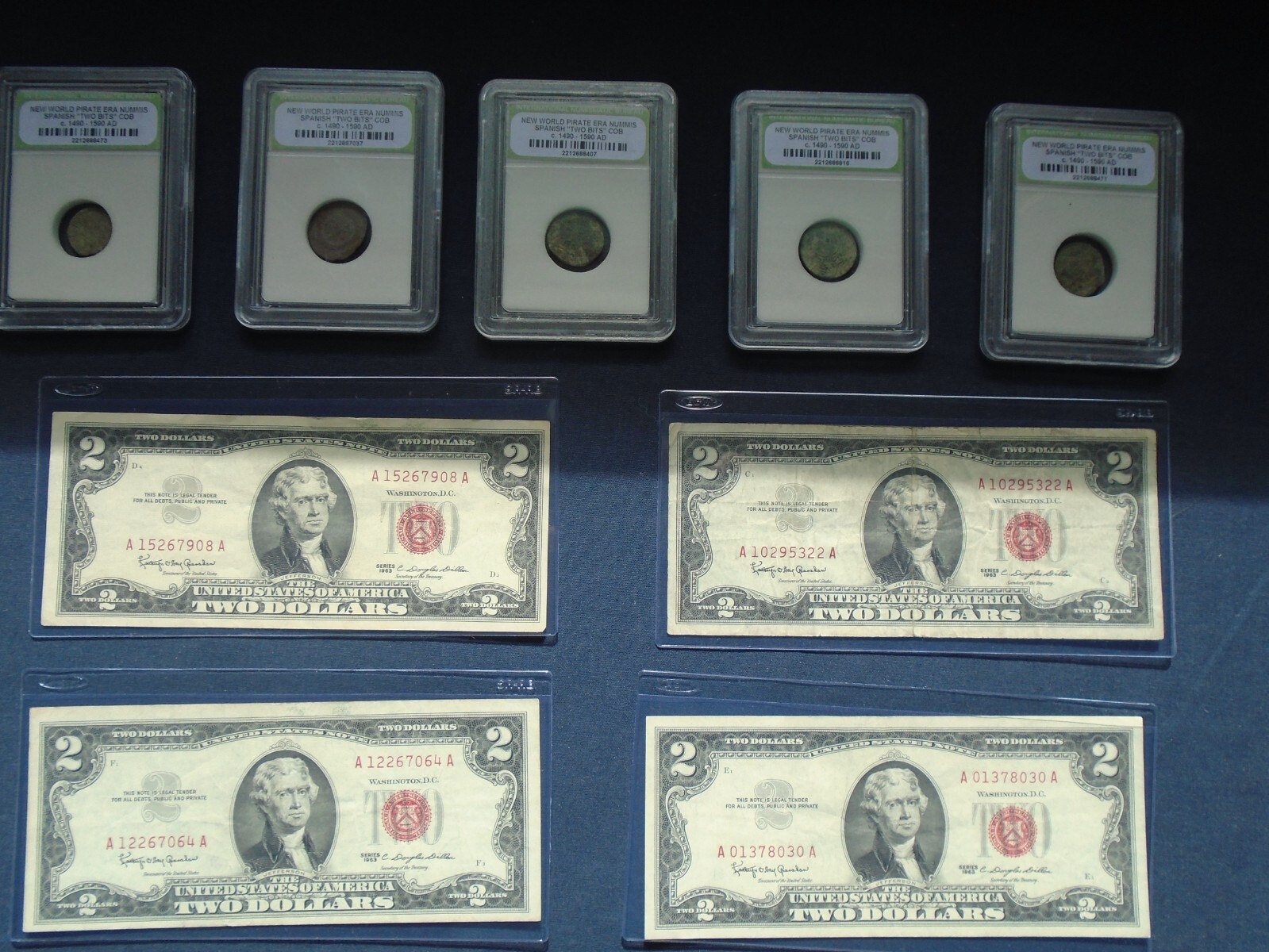 ☆ 2 PC.LOT-CERTIFIED PIRATE COIN - RARE RED SEAL TWO DOLLAR BILL-ESTATE  SALE☆