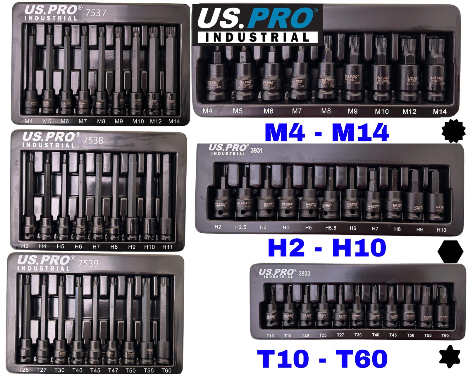 US PRO IMPACT Hex Torx Spline Bit Sockets 3/8\ US PRO IMPACT Hex Torx Spline Bit Sockets 3/8\