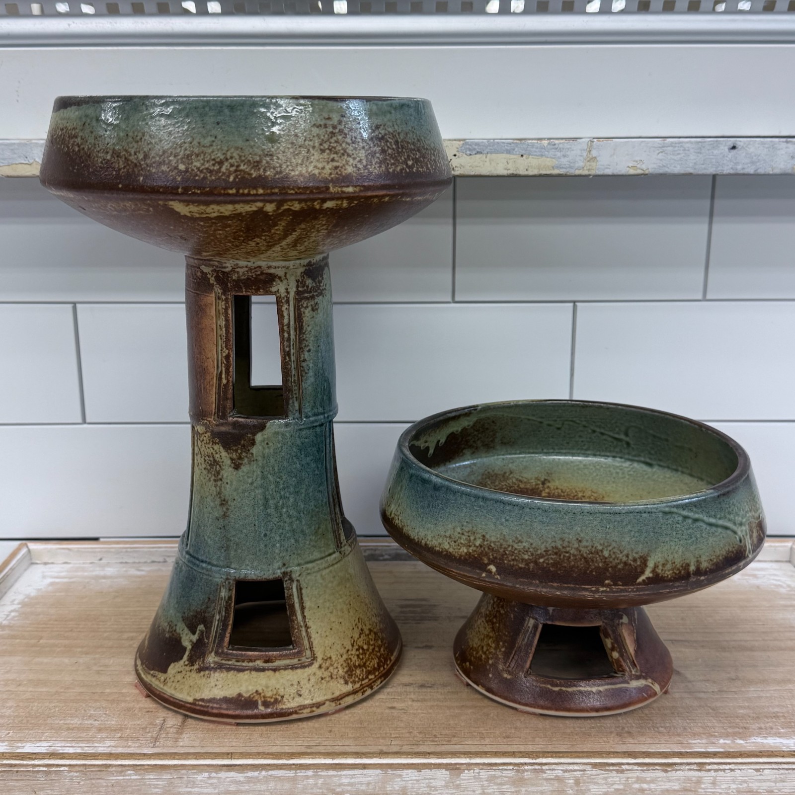 Vintage  Ikebana Vase Set of 2 Mid Century Studio Pottery