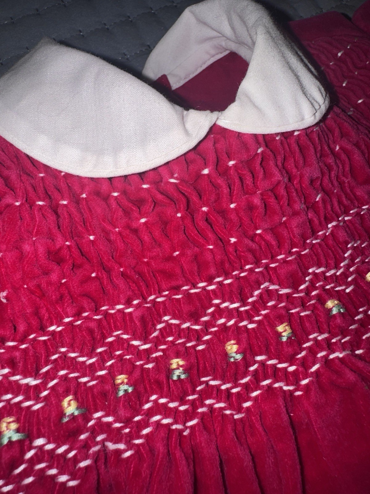 Handmade 1980s Red Velvet Smocked Toddler/Baby Dress