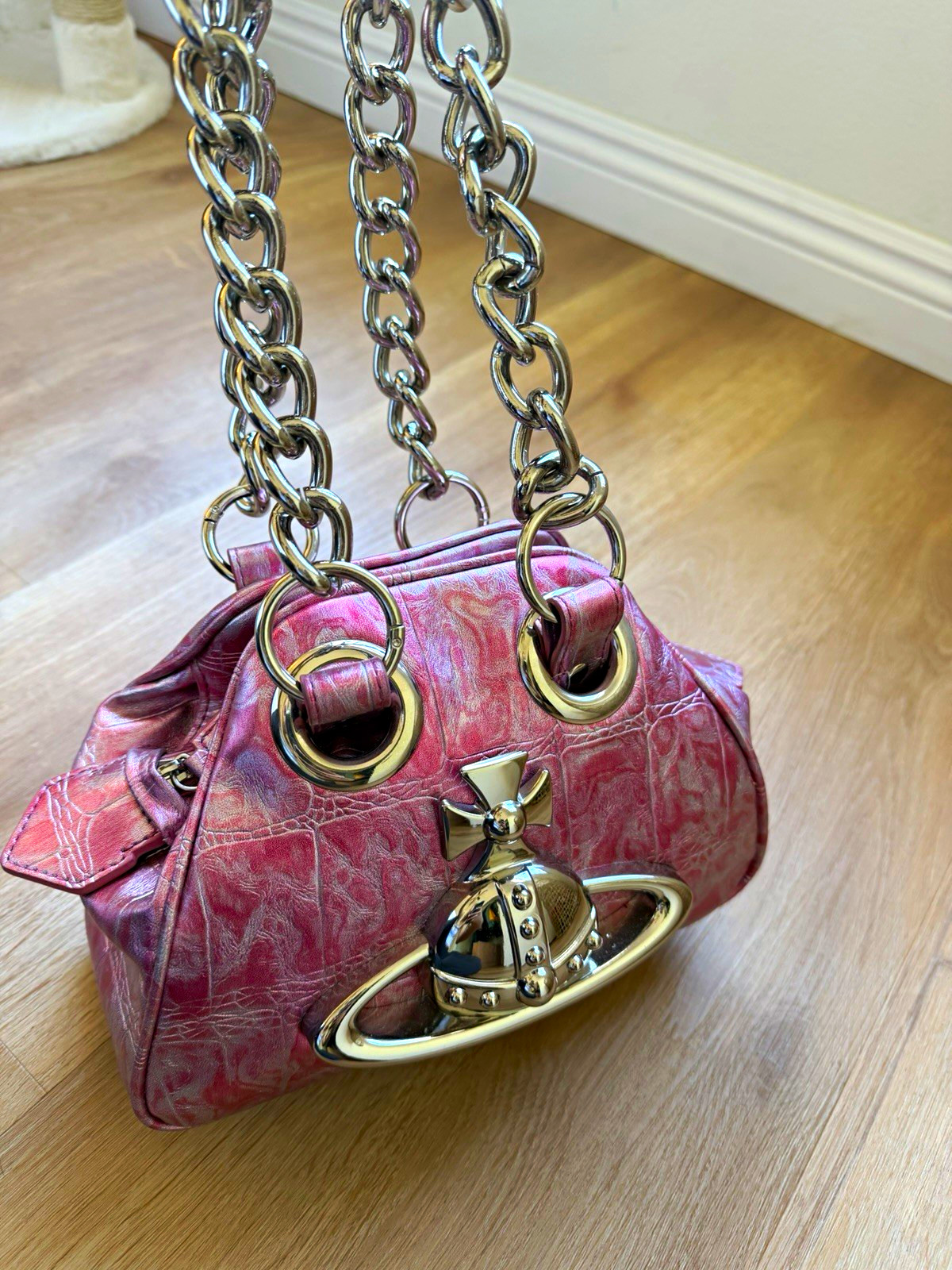 Vivienne Westwood Pink Crocodile Embossed Satchel Top Handle Chain Strap