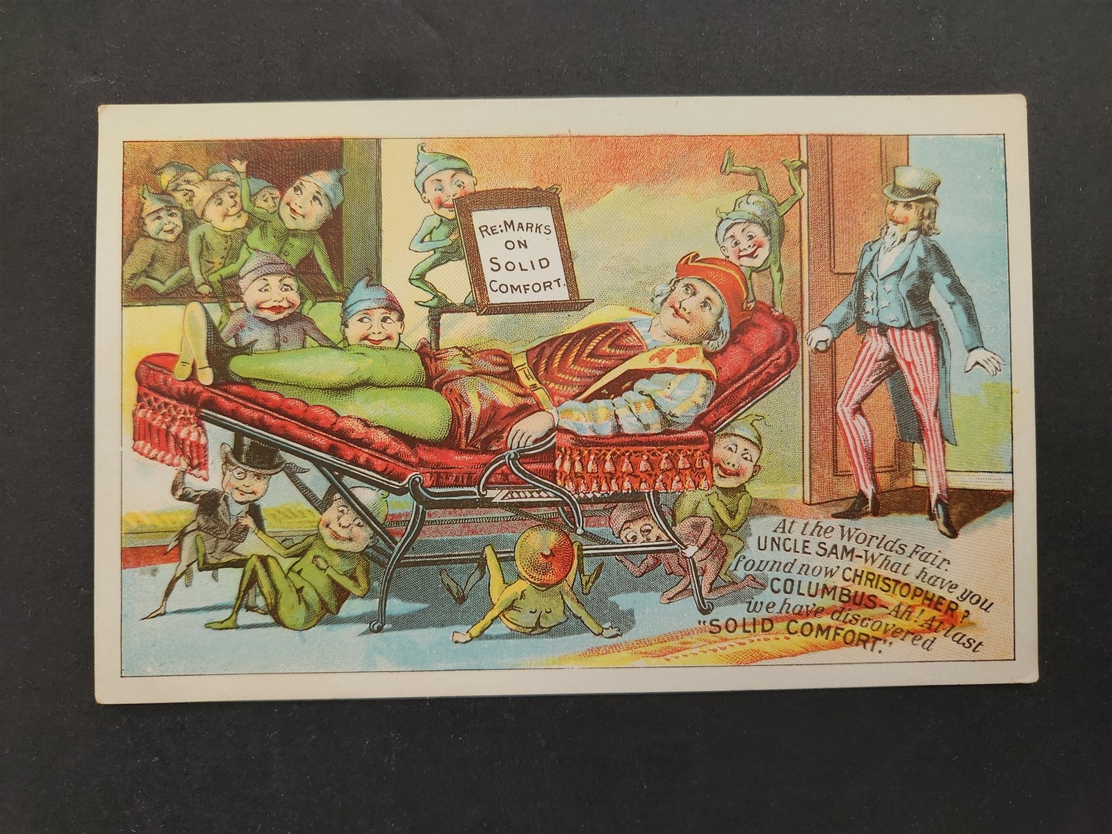1890s antique MARKS ADJUSTABLE FOLDING CHAIR ny TRADE CARD brownies uncle sam
