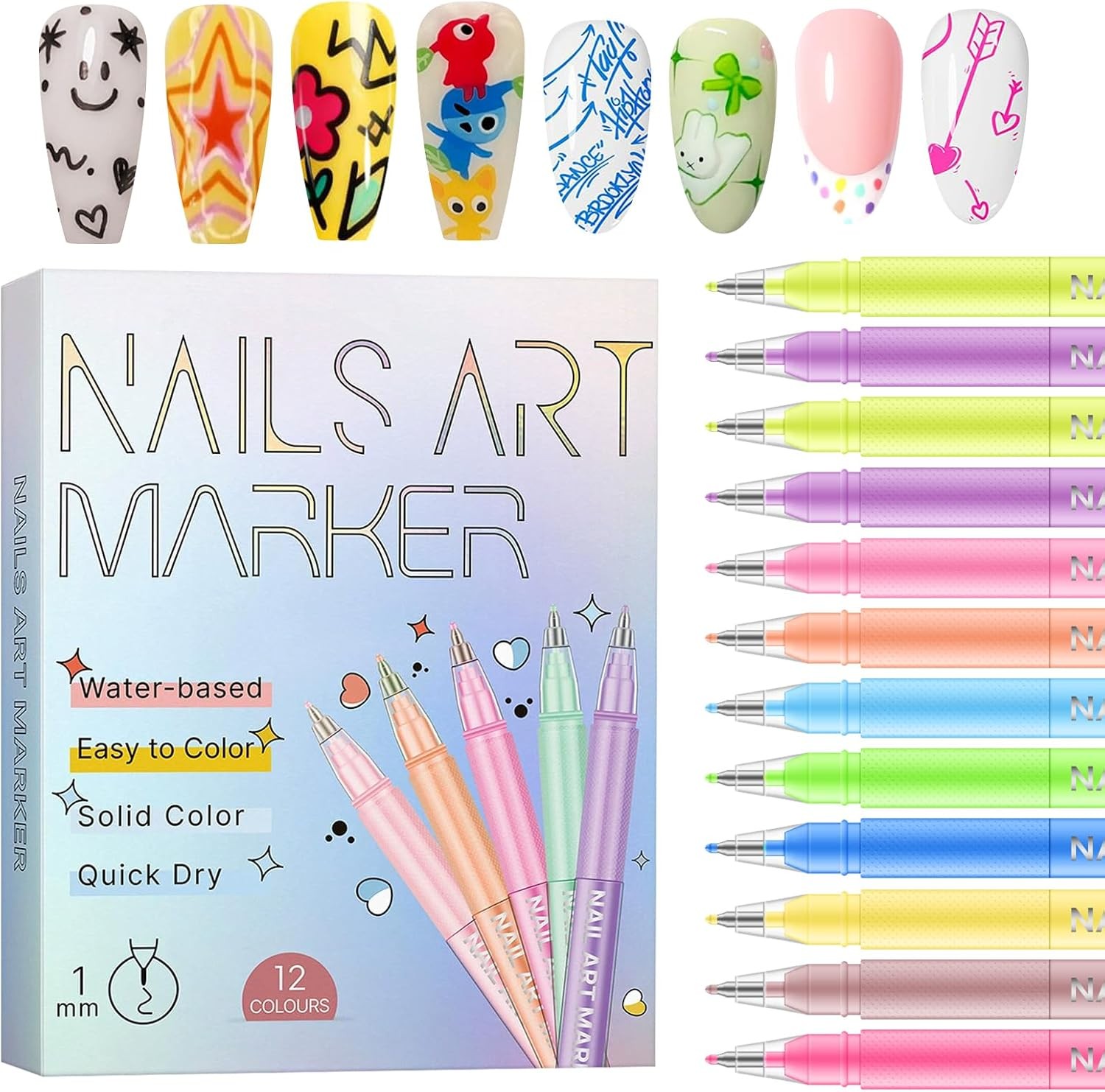 12 Colors Nail Art Pens Set, 1 MM Quick Dry Nail Art Markers Acrylic Paint Pens