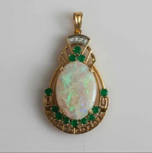 3Ct Oval Cut Fire Opal Emerald & Diamond Vintage Pendant 14K Yellow Gold Plated