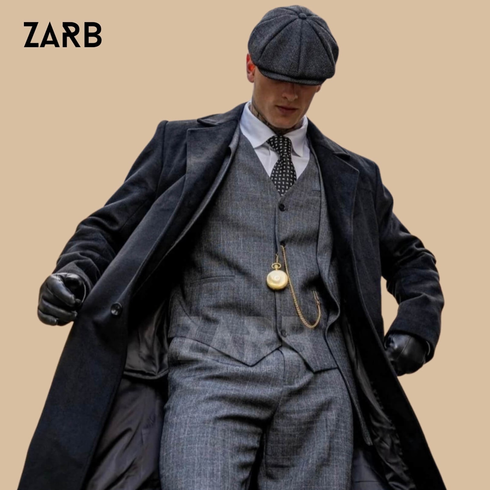 Peaky Blinders 3 Piece Gray Suit with Black Wool Coat & Cap, Thomas Shelby Style