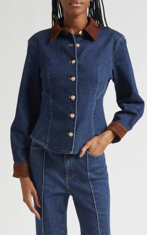 Cinq à Sept Suede Combo Denim Shirt MSRP $395