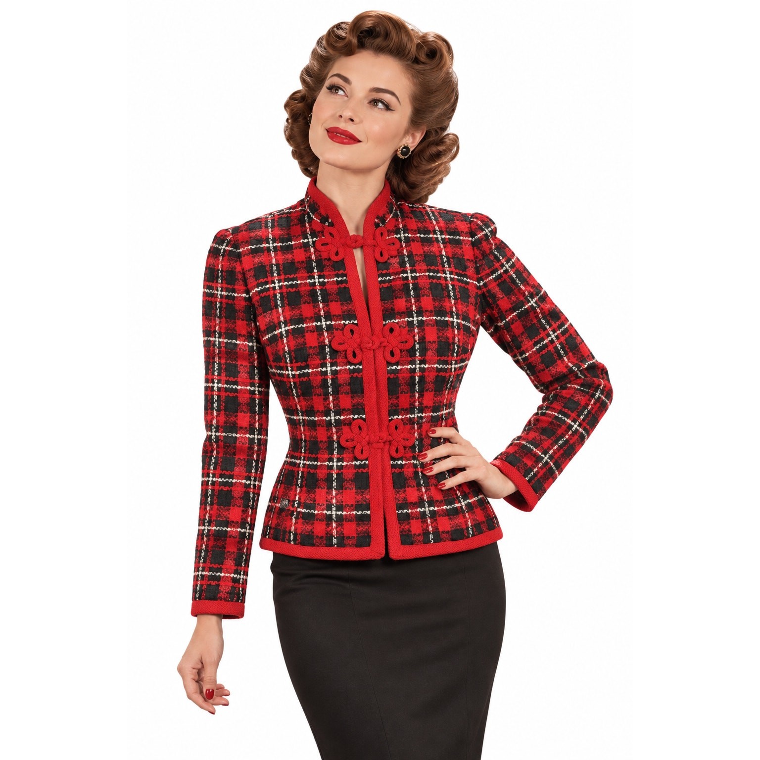 Vintage 1940s Red Black Plaid Cotton Jacket Frog Closures Juniors Dress Shop S M
