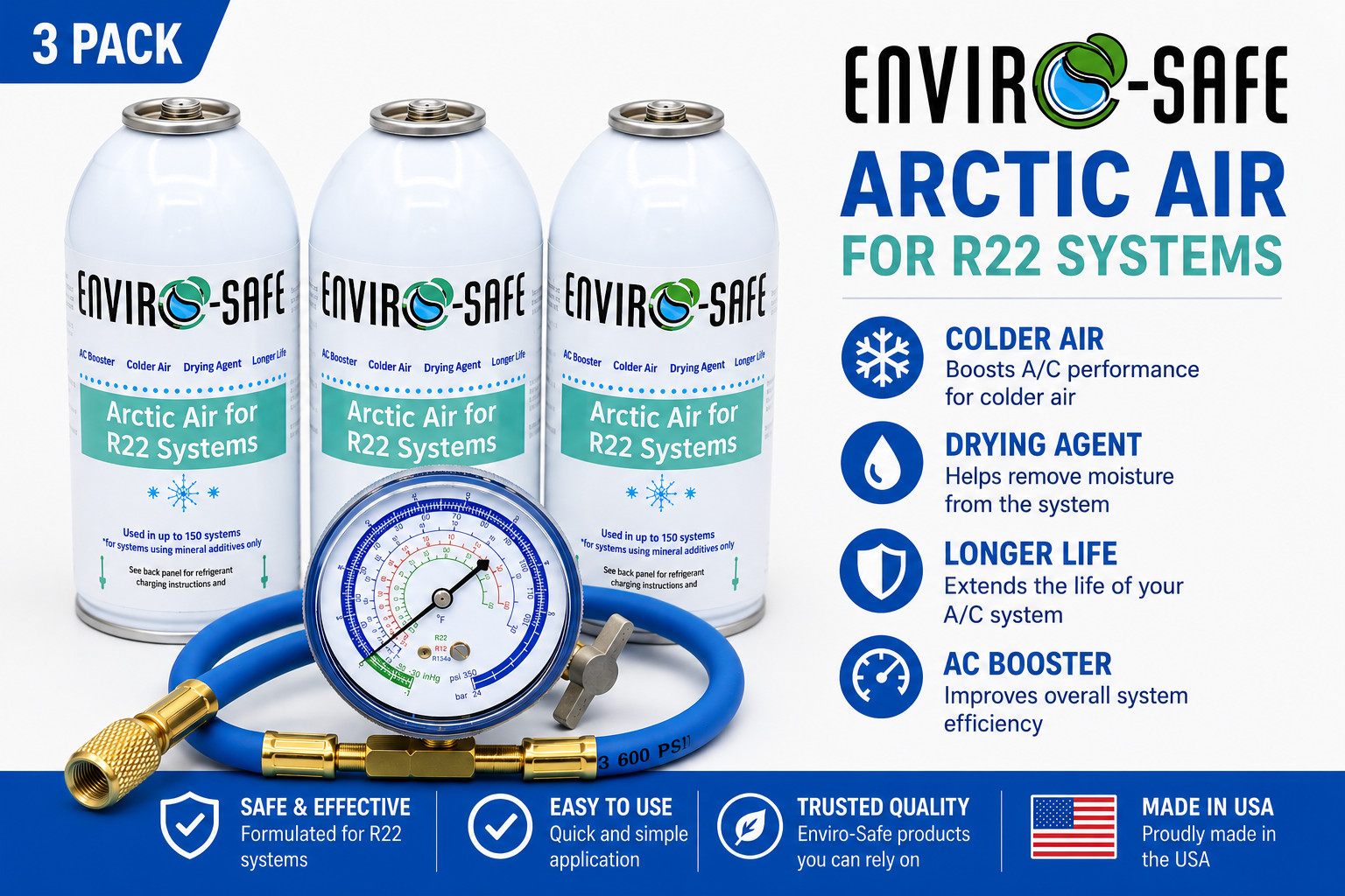 Envirosafe Arctic Air for R22, AC Refrigerant Support, (3) cans and gauge Envirosafe Arctic Air for R22, AC Refrigerant Support, (3) cans and gauge