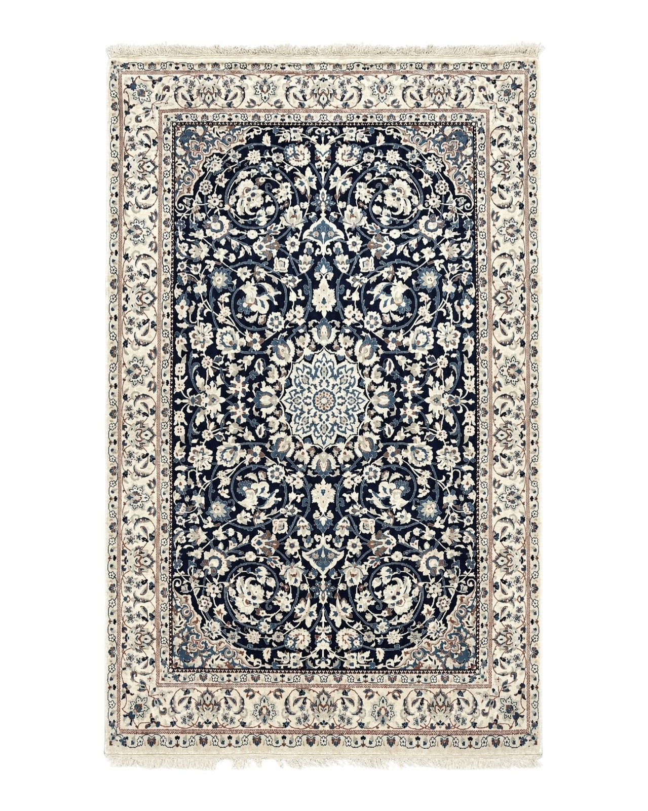 Per\'sian Nain Rug 4x6, Navy Blue and Ivory, Very Fine 625 KPSI