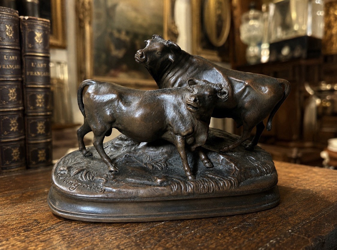 Antique Jules Moigniez (1835-1894) Bronze Bull & Cow Cattle Animalier Sculpture