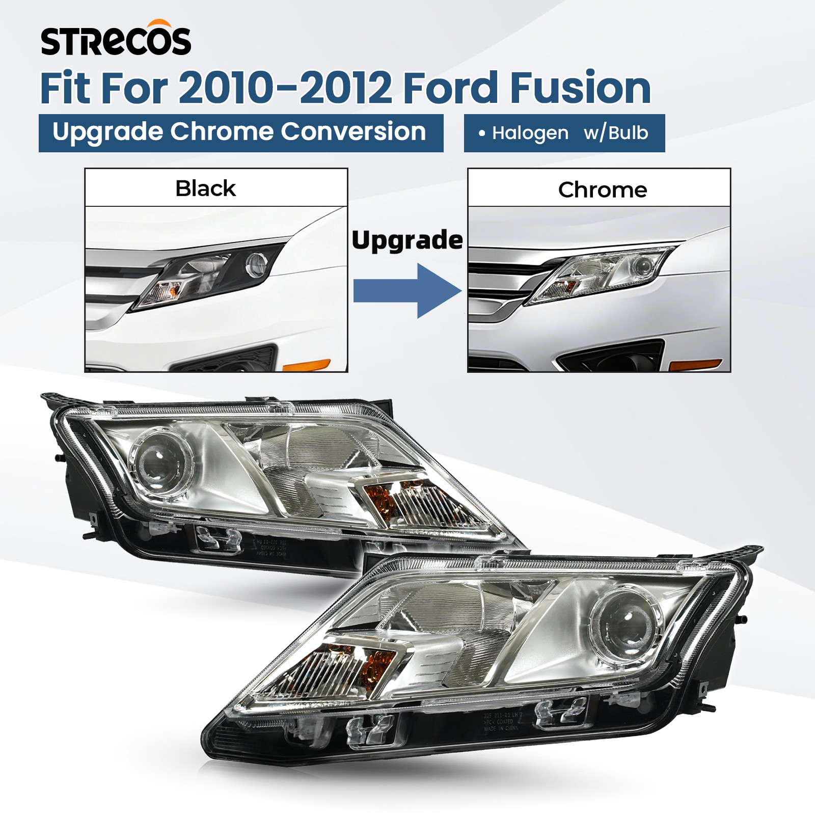 For 2010-2012 Ford Fusion Upgrade Halogen Headlight Chrome Conversion Left+Right For 2010-2012 Ford Fusion Upgrade Halogen Headlight Chrome Conversion Left+Right