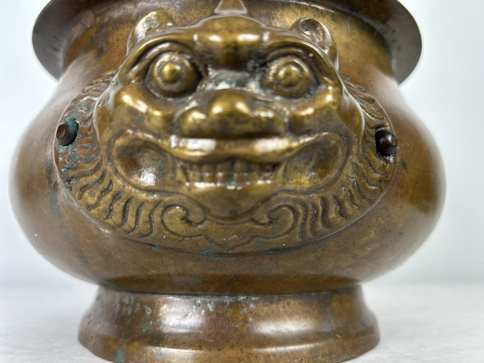 Antique Chinese Bronze Incense Burner Censer Foo Dog Handles Qing Republic Era