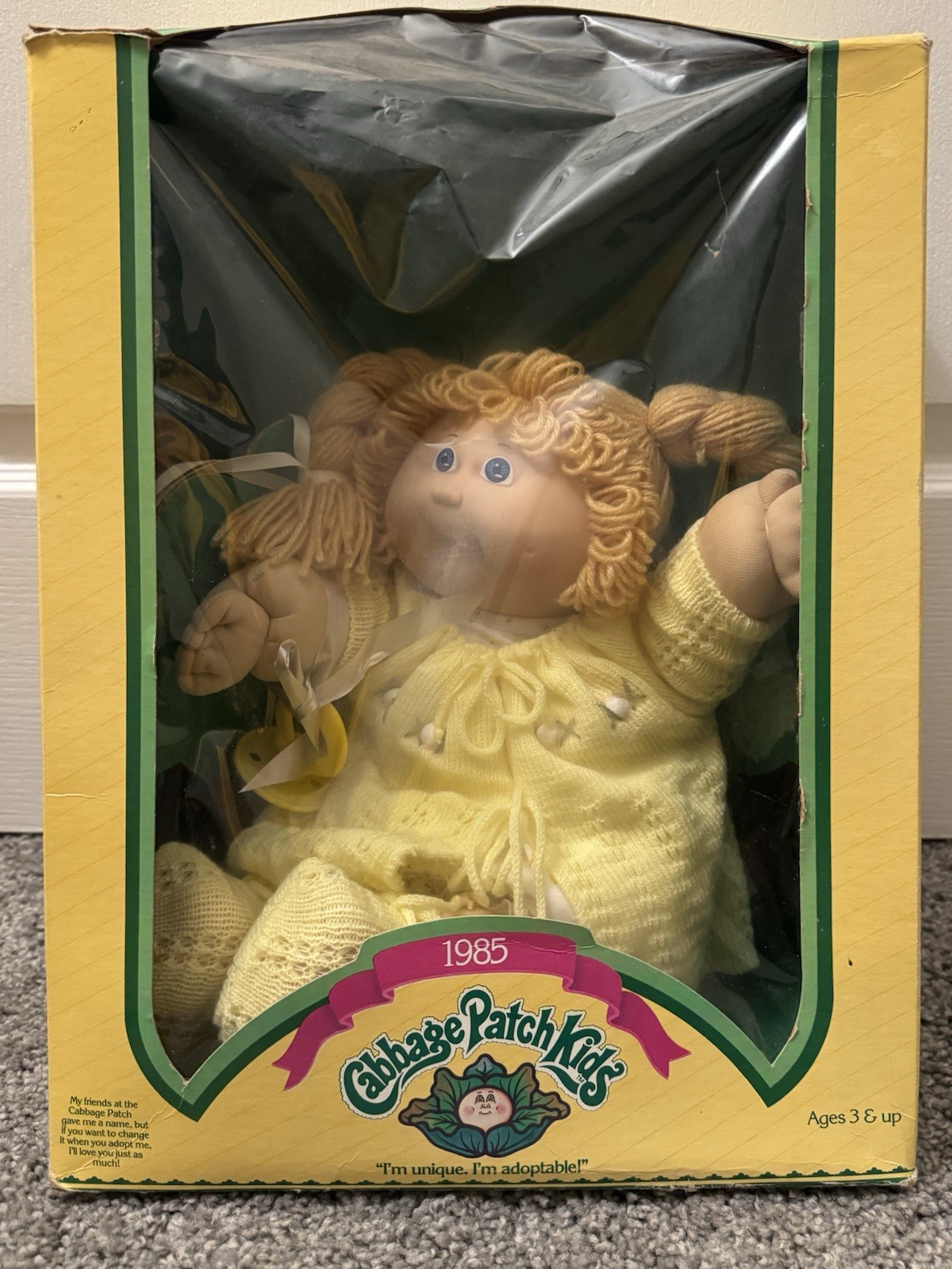 1985 Cabbage Patch Kids Original Box Vintage Blonde hair+Blue eyes Doll.