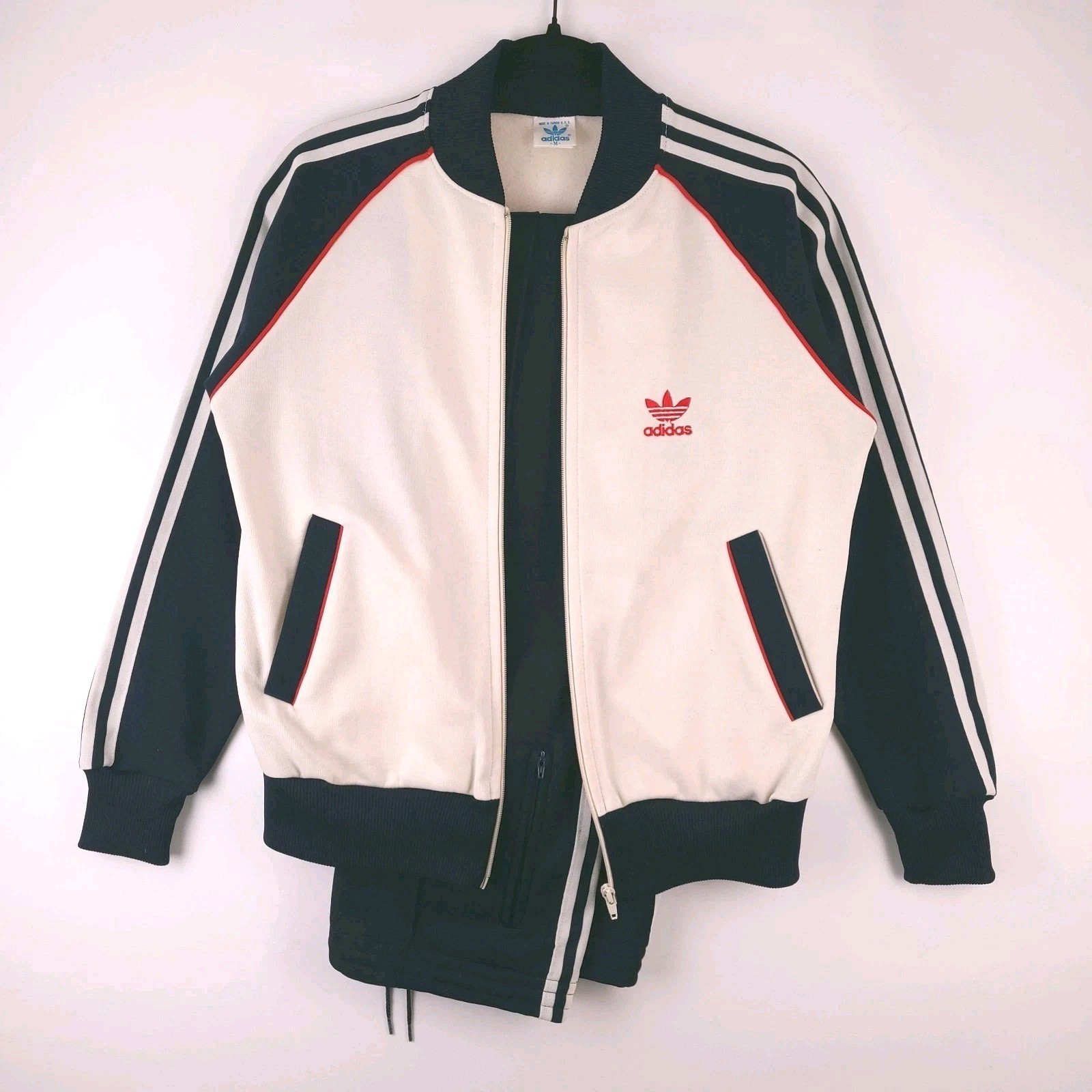 Vtg 80s Adidas Trefoil Tracksuit Cream Navy Red Pintuck Pants Set Taiwan EUC