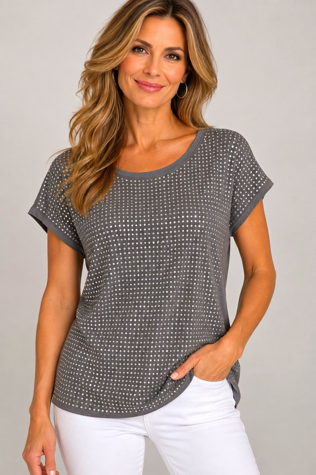 INC International Concepts Women’s L Gray Solid Knit Scoop Neck Rhinestone Tee INC International Concepts Women’s L Gray Solid Knit Scoop Neck Rhinestone Tee