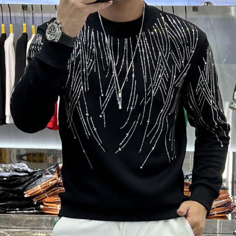 Men Luxury Diamond Rhinestones Fashion Black Pullover High Quality Men Luxury Diamond Rhinestones Fashion Black Pullover High Quality