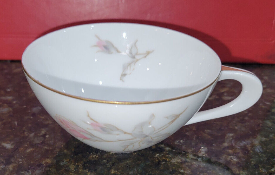 Sango Pastoral Fine China Tea Cup Pink Rose Gray Leaves Gold Trim 3 3/4\